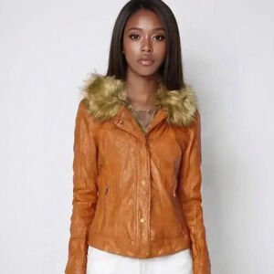 Brown Leather Jacket with Fur Collar XL Vintage Y2K